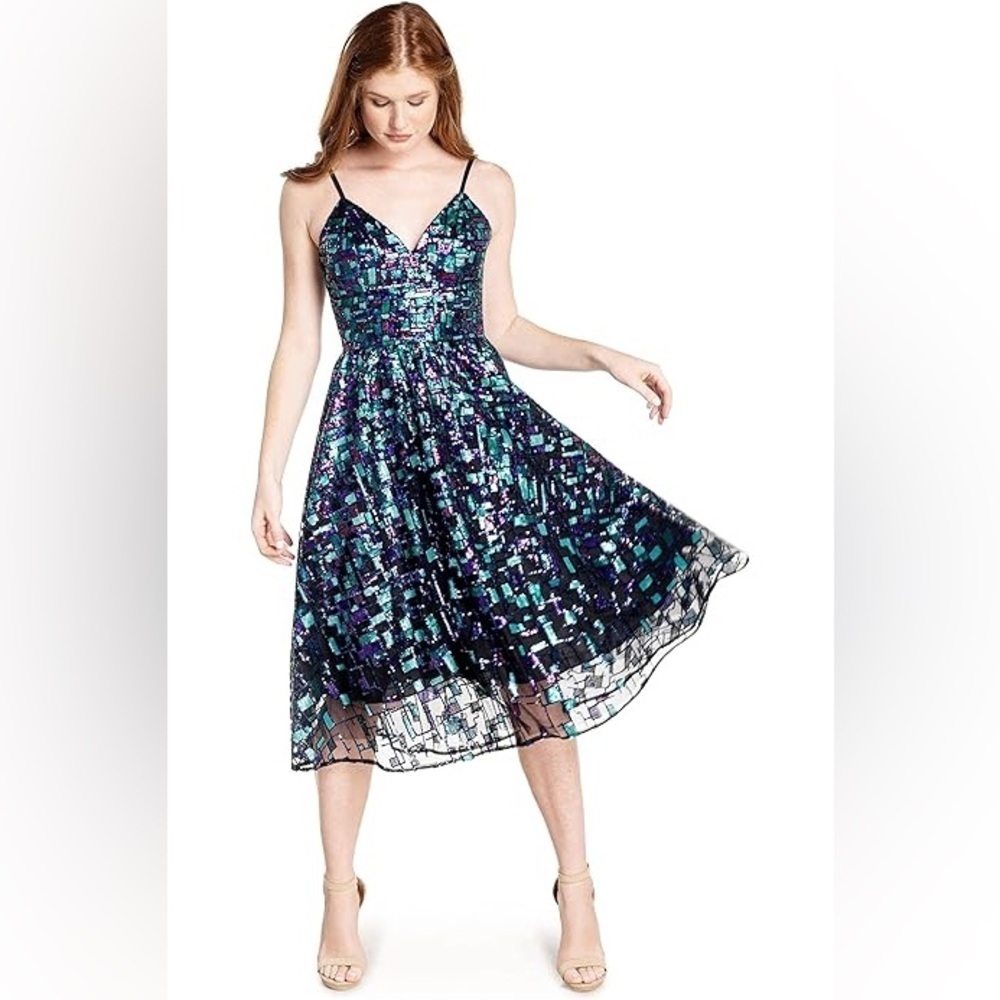 NWOT Dress the Population Womens Maren Fit Flare Midi Spaghetti Strap Dress Size